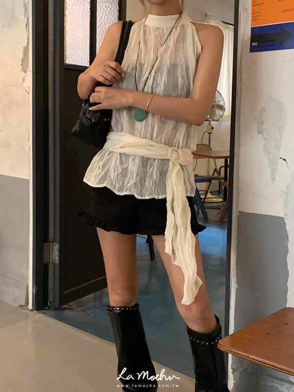 皺皺蕾絲削肩背心(附腰帶)